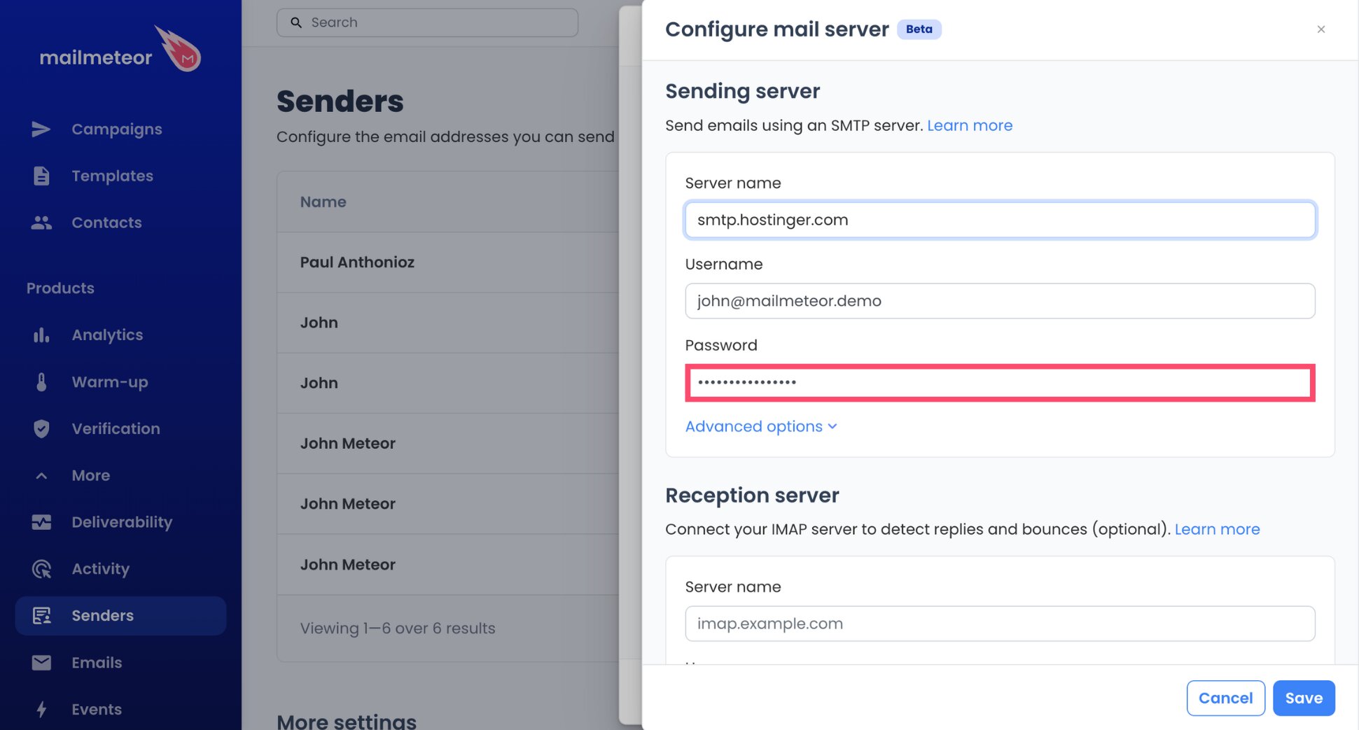 Hostinger app password in the SMTP password field