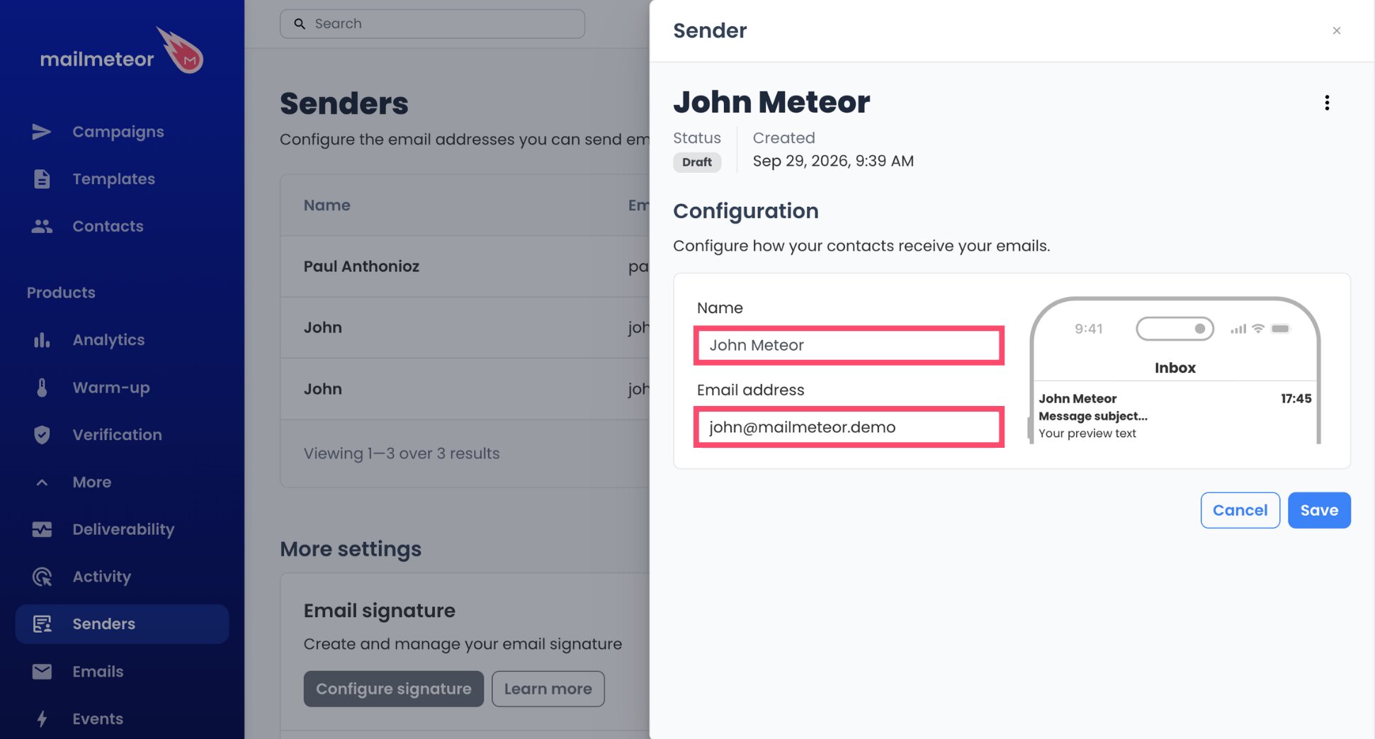 Mailmeteor sender form with a name and an OVH email address