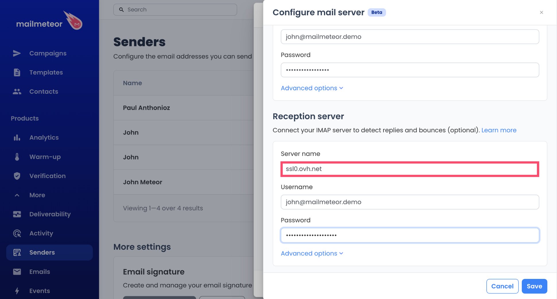 Reception server field filled with the OVH IMAP server ssl0.ovh.net