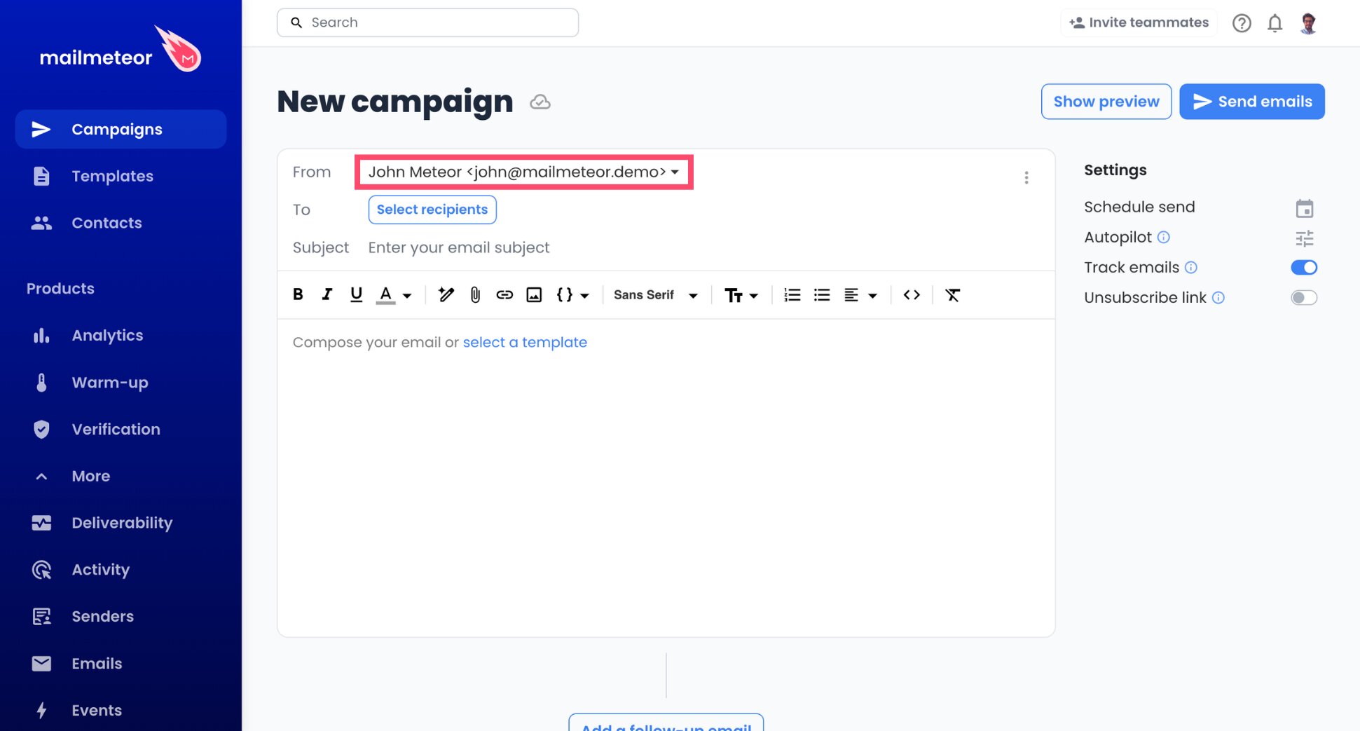 OVH sender selected in the From field of a Mailmeteor campaign