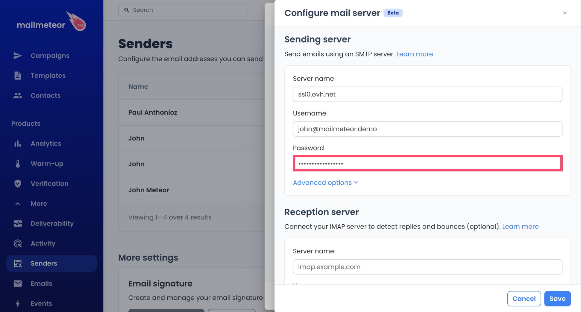SMTP password field for an OVH mailbox