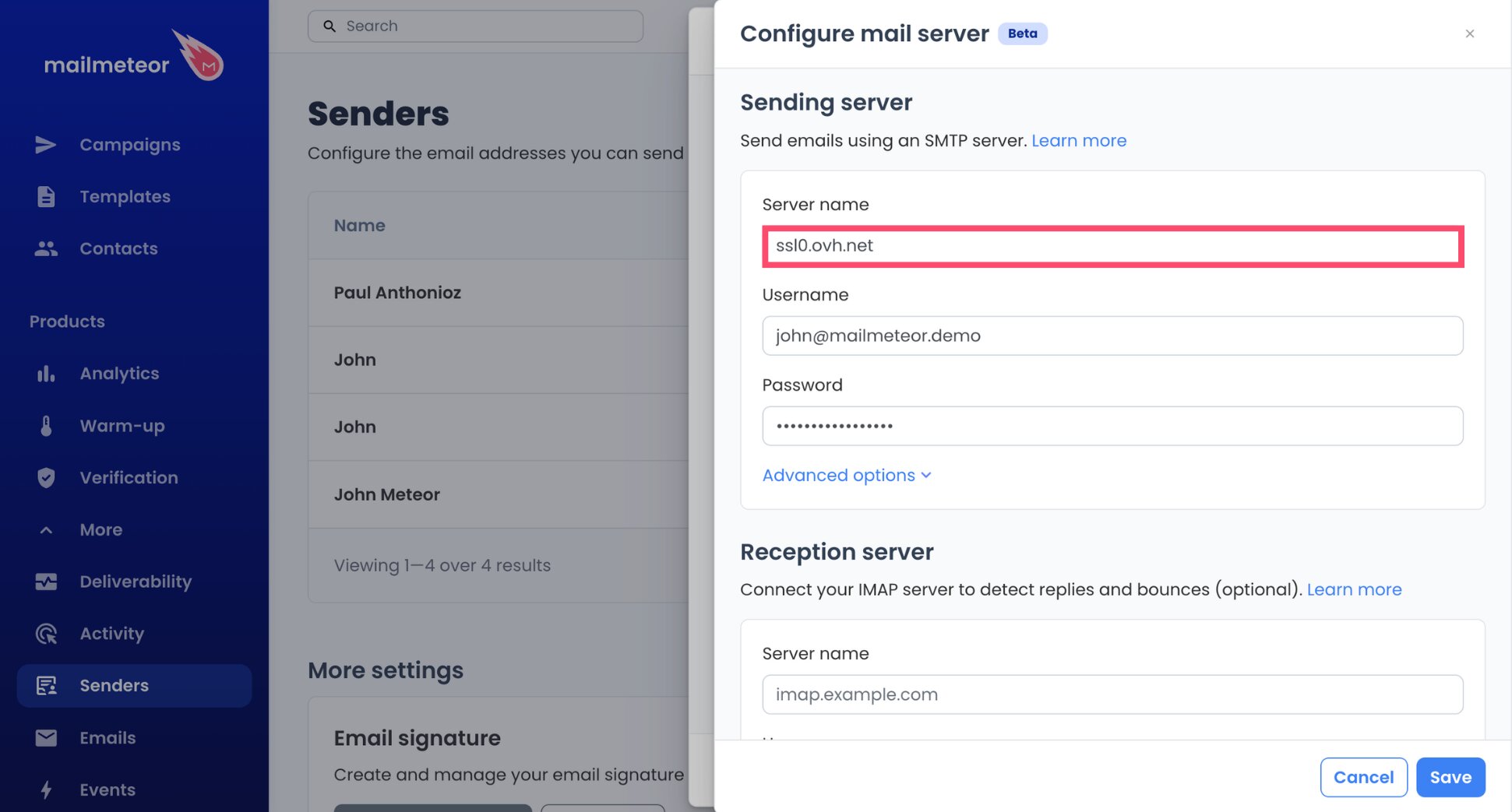 Sending server field filled with the OVH SMTP server ssl0.ovh.net