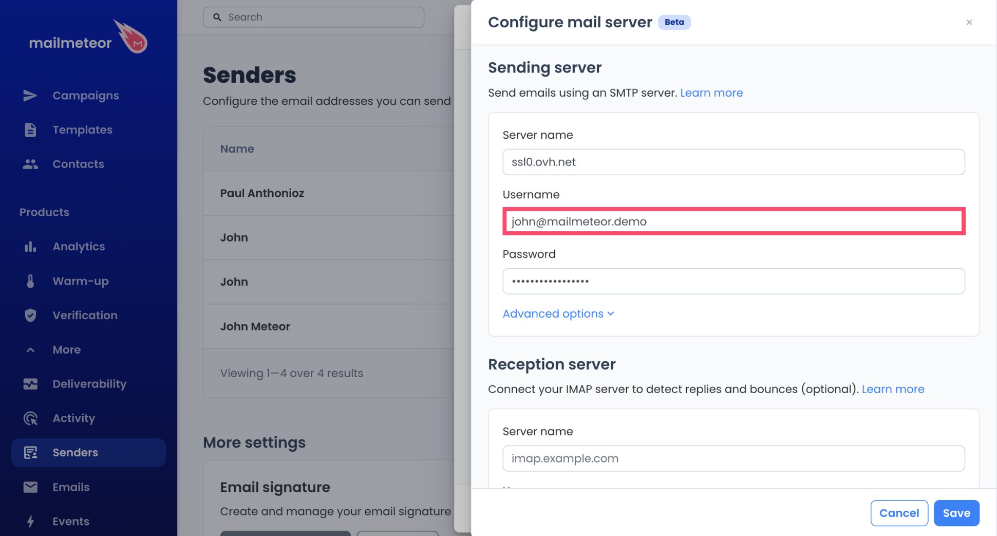 SMTP username field with a full OVH email address