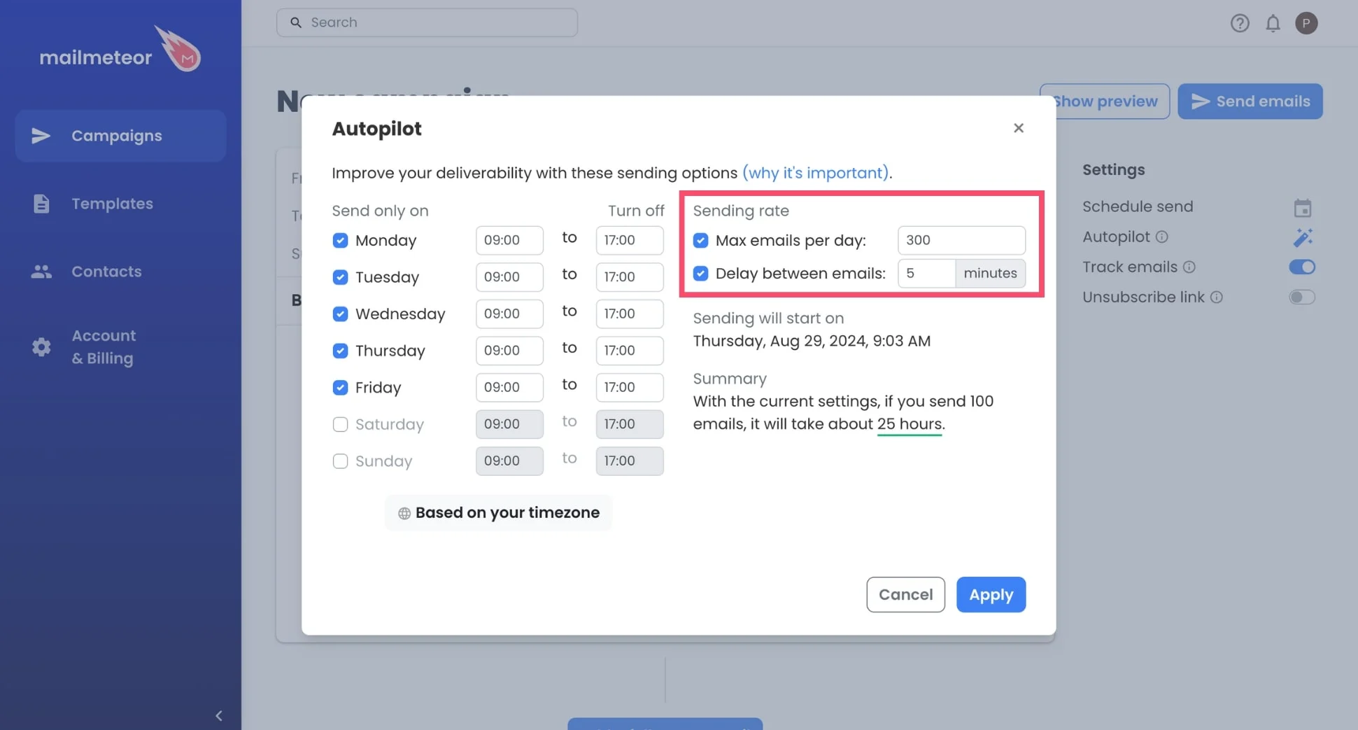 Add delay between emails with Mailmeteor's Autopilot feature