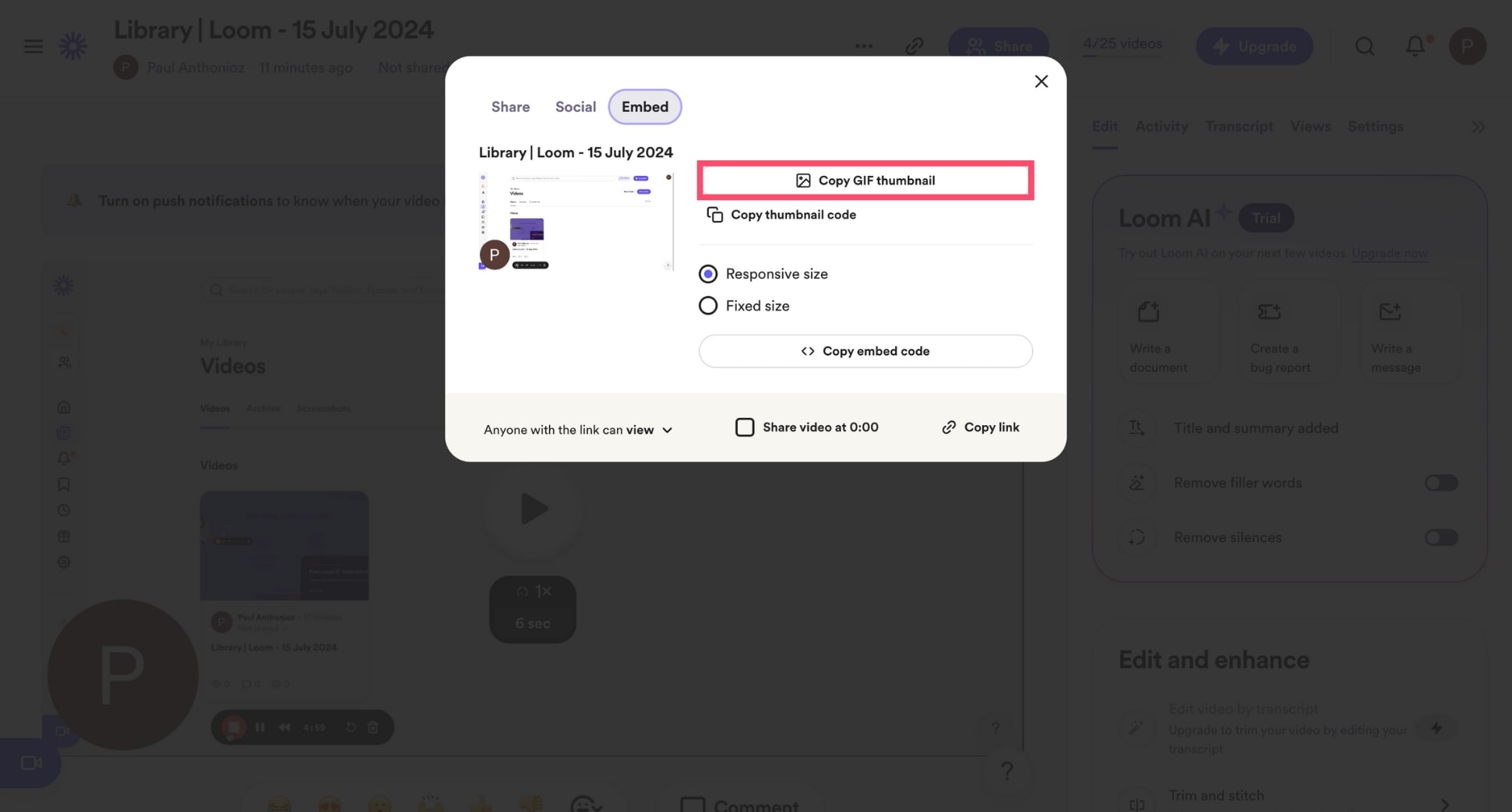 Click Copy GIF thumbnail to embed a loom video in your email