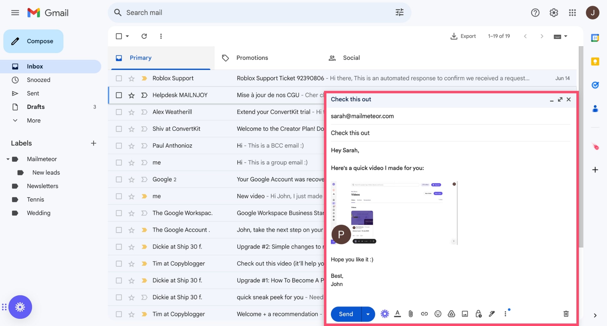 Send a loom video using Gmail or another email client