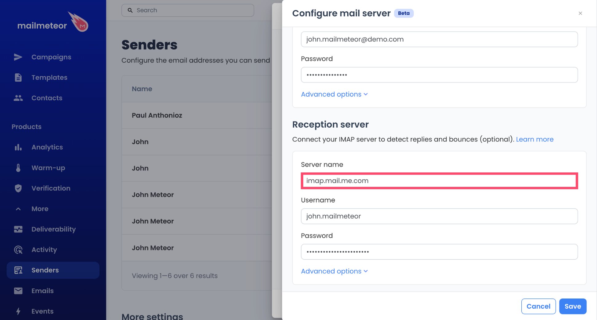 iCloud IMAP server imap.mail.me.com filled in on Mailmeteor