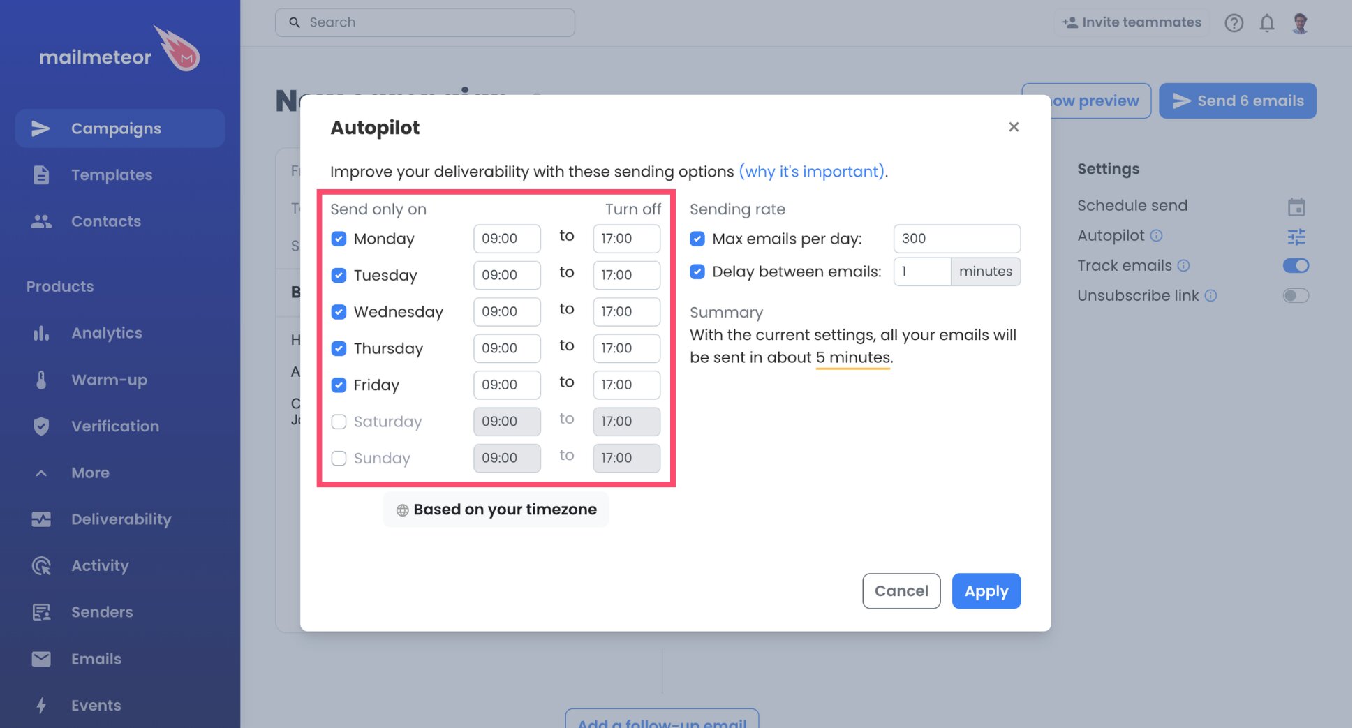 Weekday sending window chosen in Autopilot