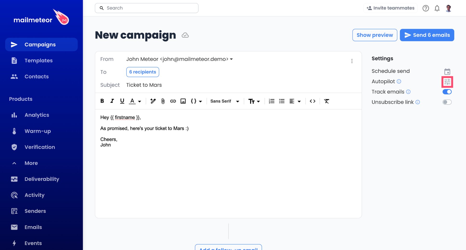 Autopilot settings of a Proton Mail campaign