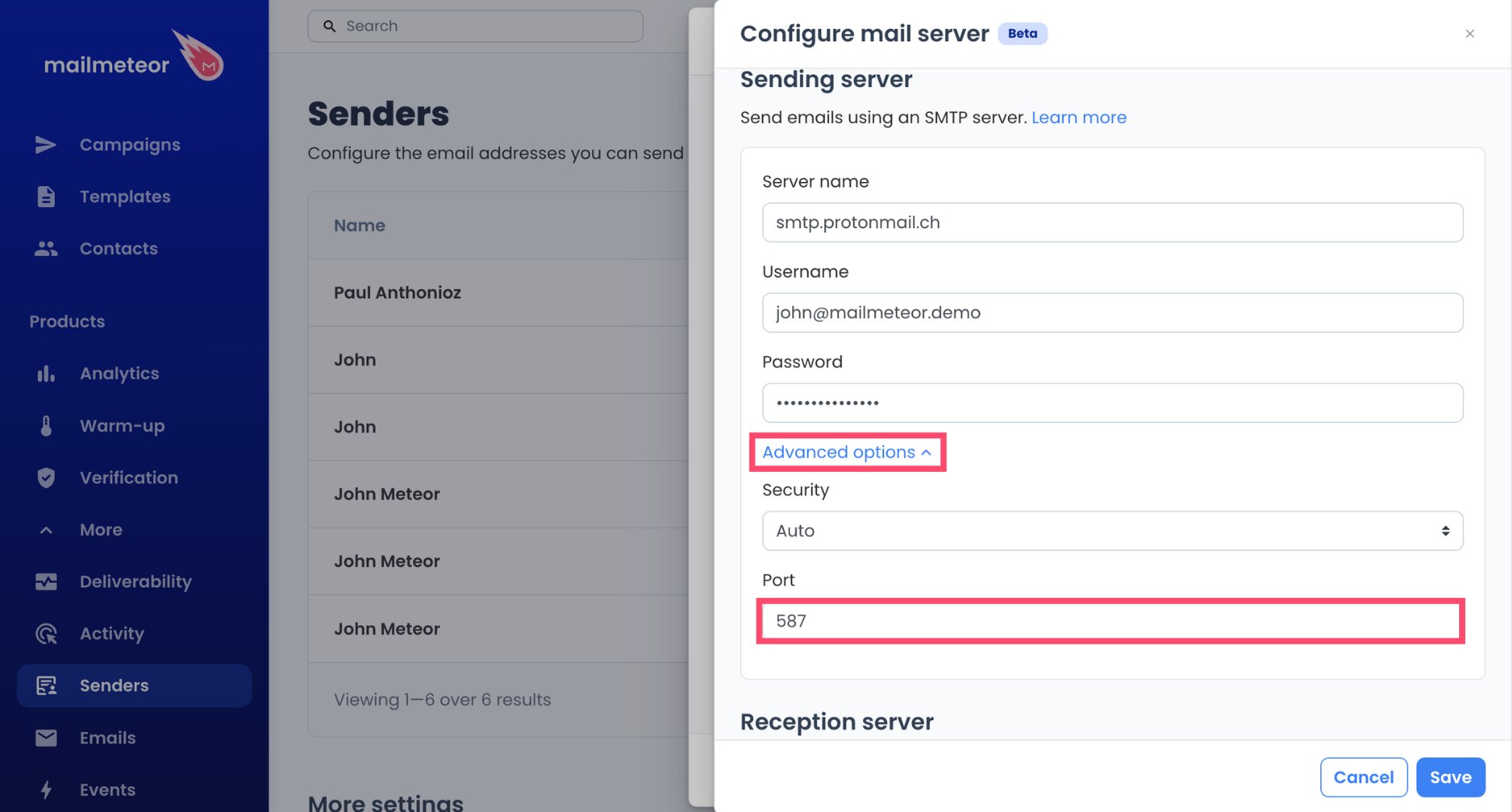 Port 587 set in the Advanced options for Proton Mail