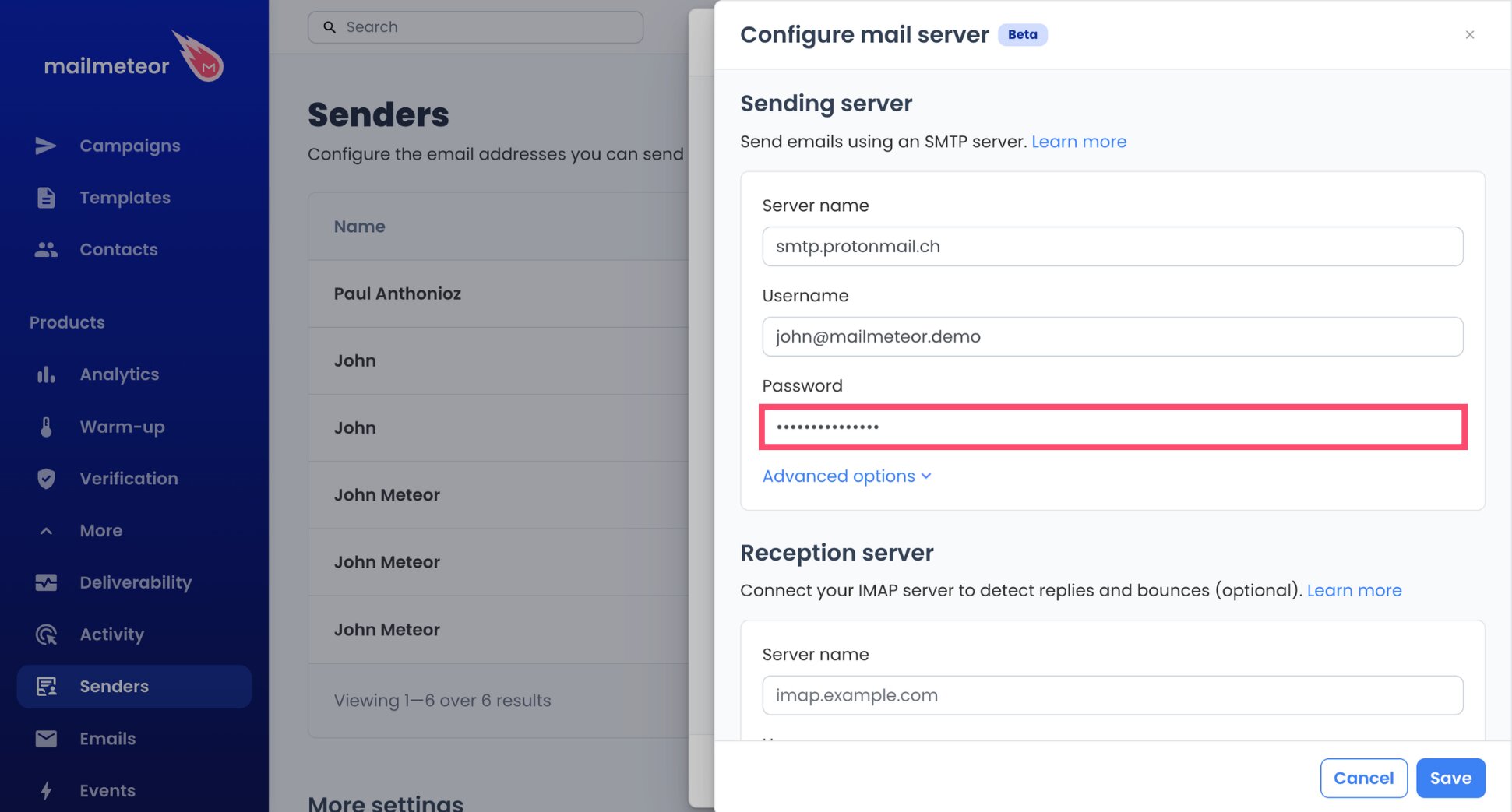 Proton SMTP token pasted as the password in Mailmeteor