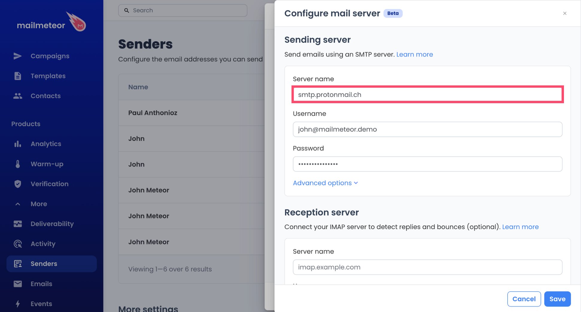 Proton SMTP server smtp.protonmail.ch entered in Mailmeteor