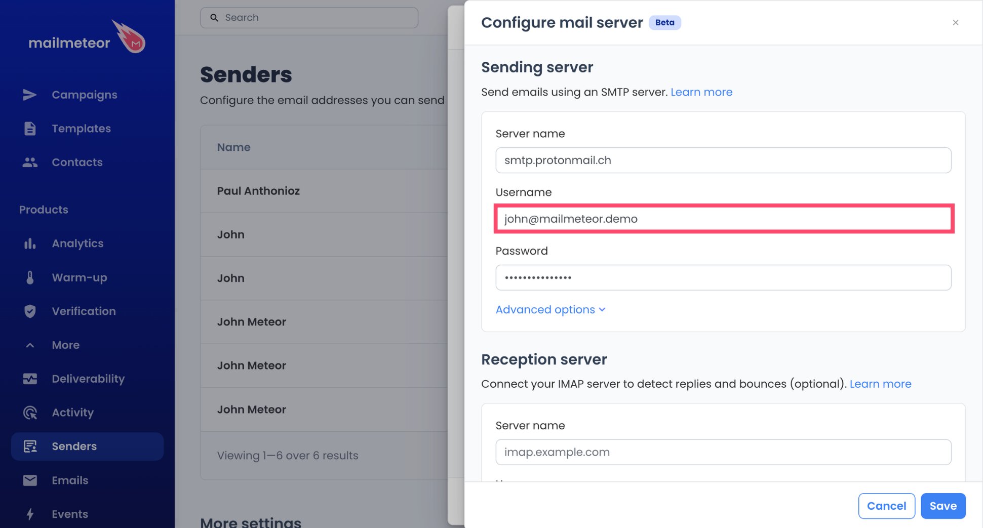 Proton SMTP username entered in Mailmeteor