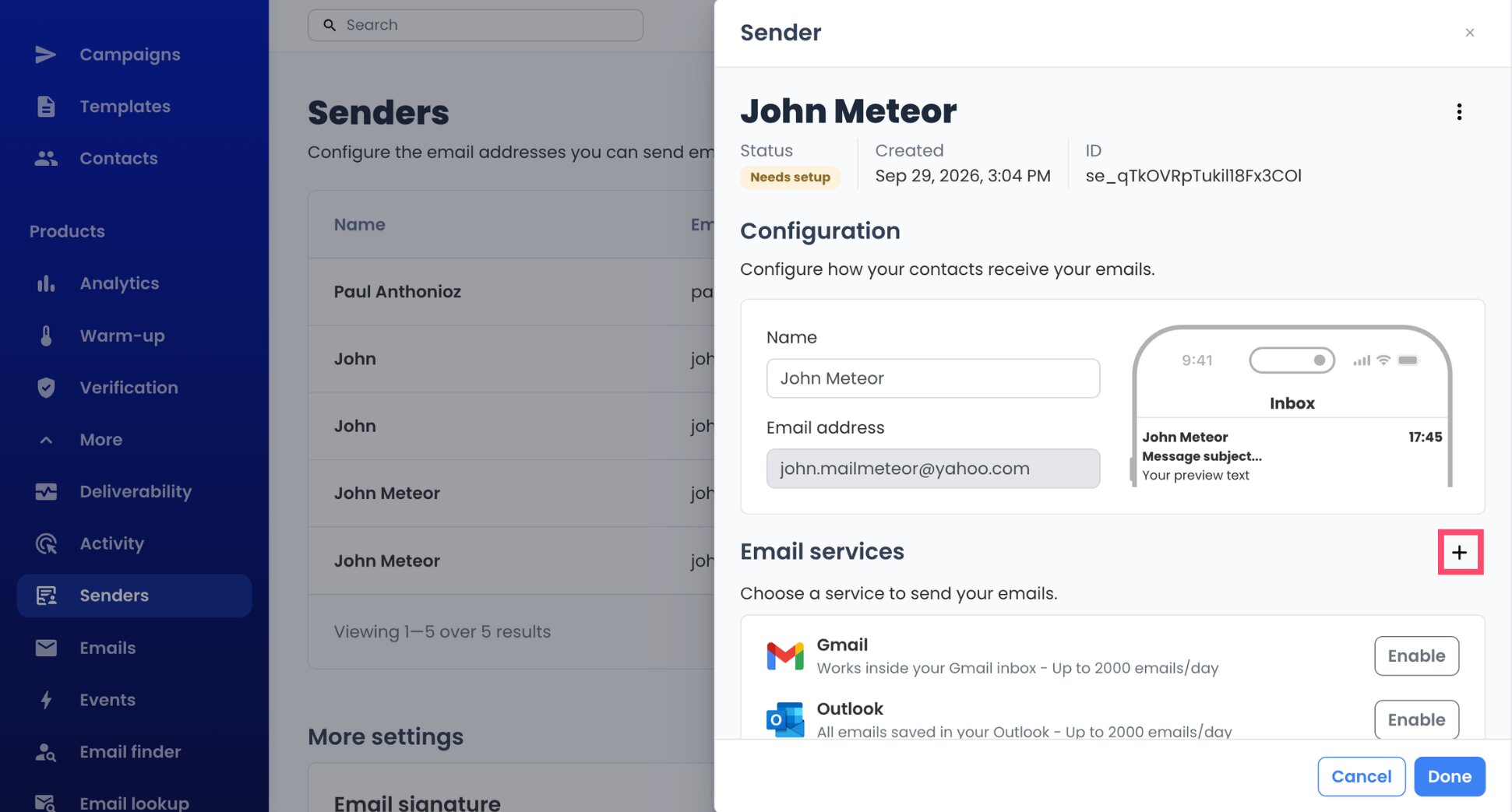 Adding an email service to a Yahoo sender in Mailmeteor