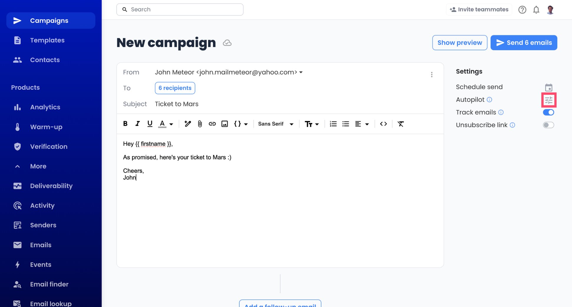 Opening Autopilot in a Yahoo campaign