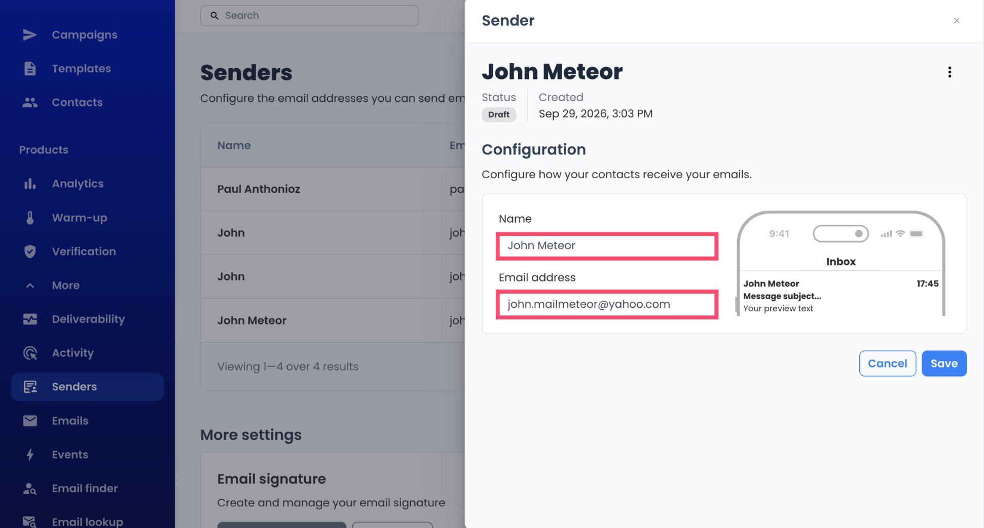 Sender name and Yahoo email address entered in Mailmeteor