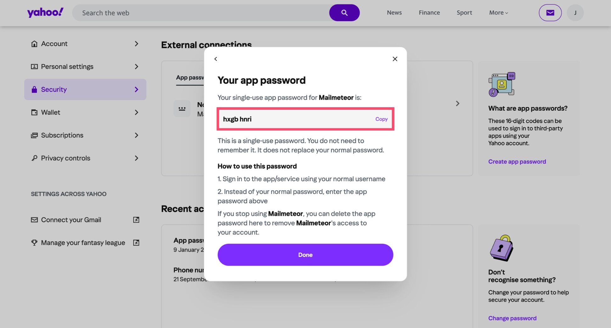 Copy Yahoo app password