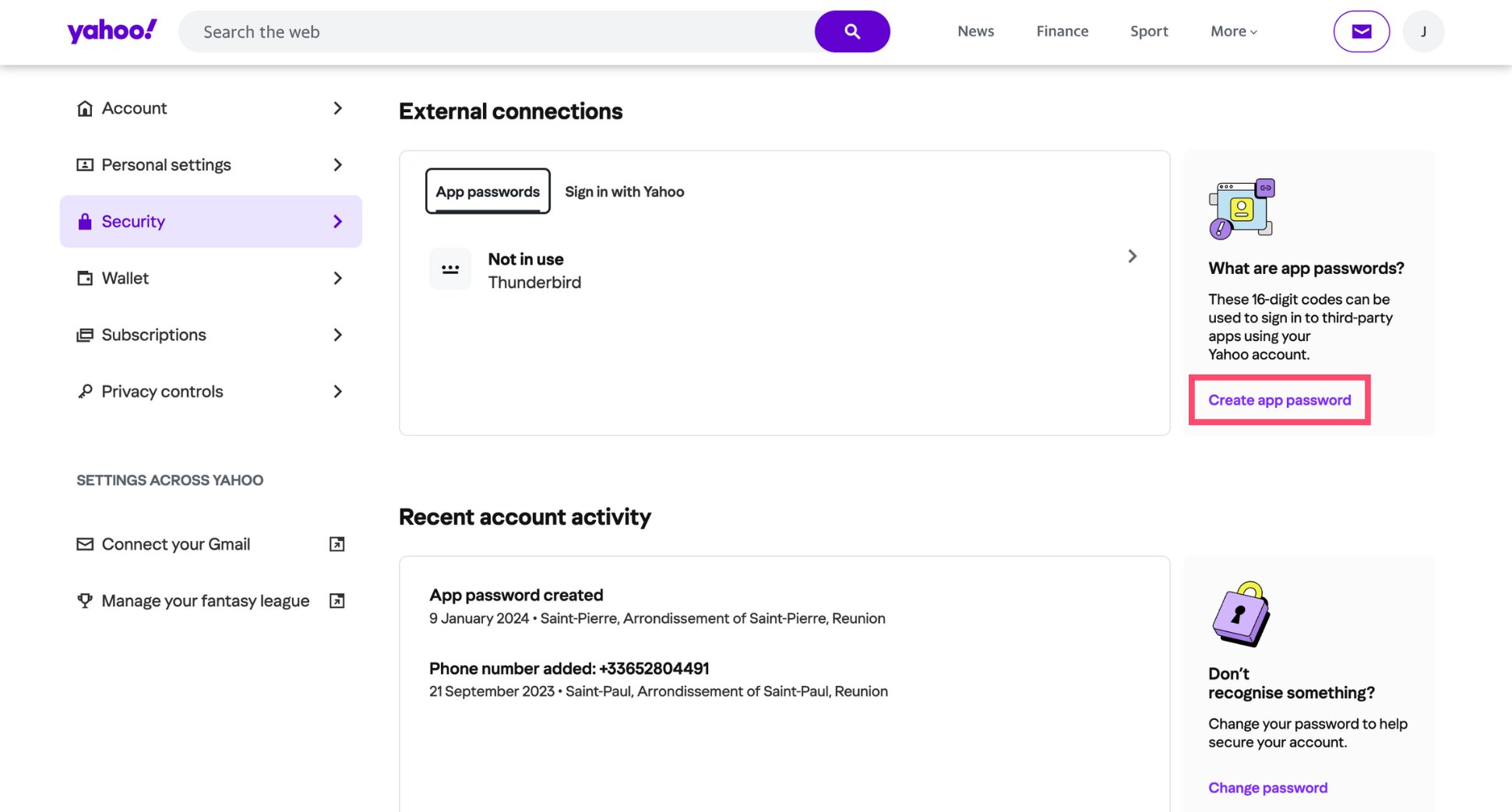 Create app password button in Yahoo Account Security settings