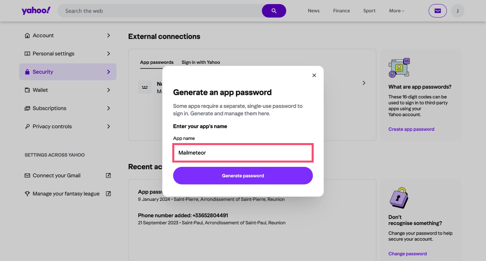 Naming a new Yahoo app password Mailmeteor