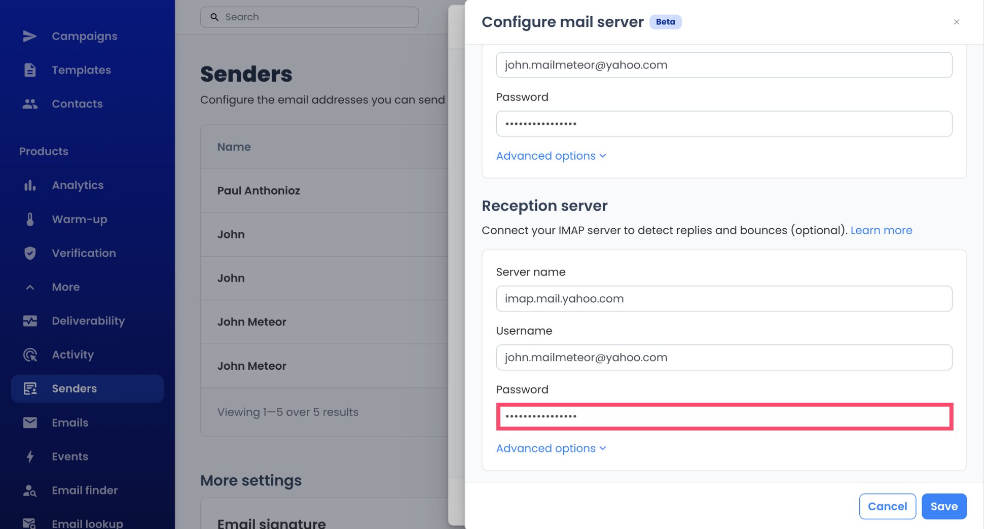 Same Yahoo app password reused for the IMAP connection