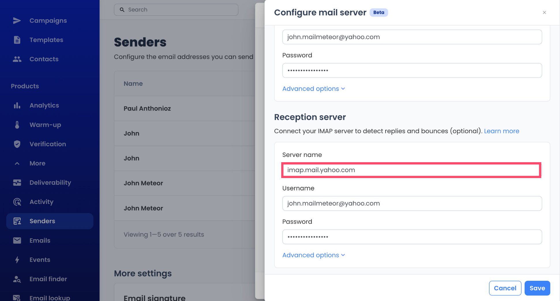 Yahoo IMAP server imap.mail.yahoo.com entered in Mailmeteor