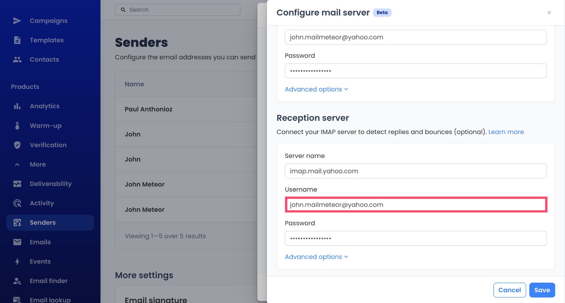 Yahoo email address used as the IMAP username