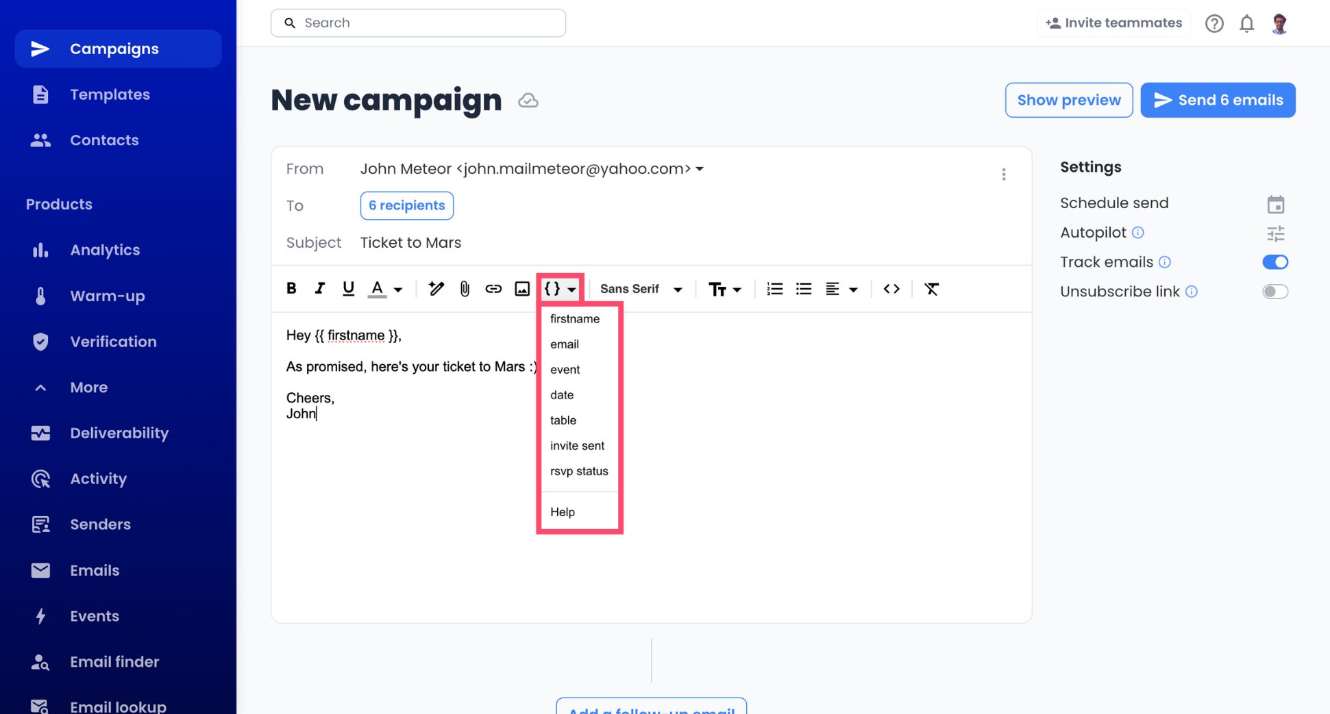First name variable inserted in a Yahoo campaign email