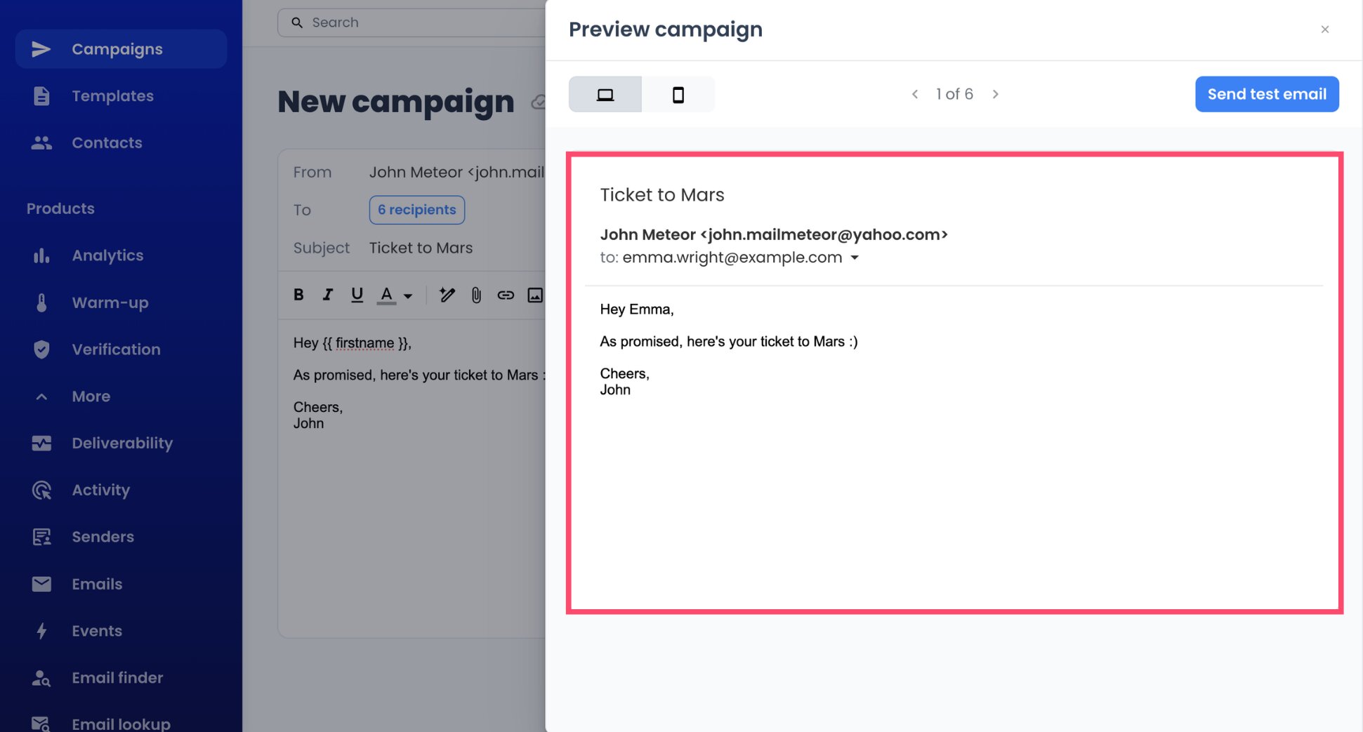 Previewing a personalized email before sending from Yahoo