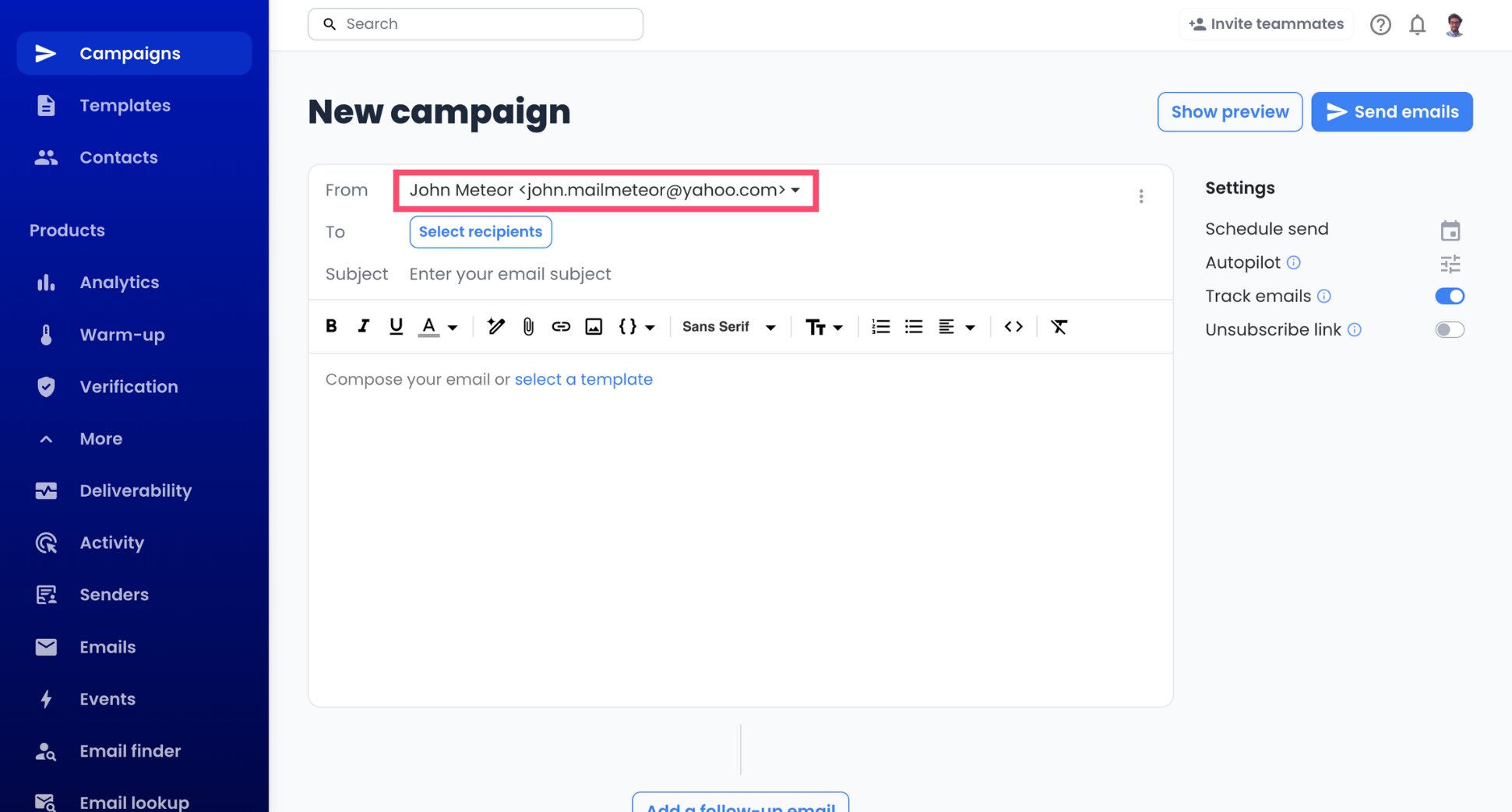 Yahoo sender picked in the From menu of a campaign