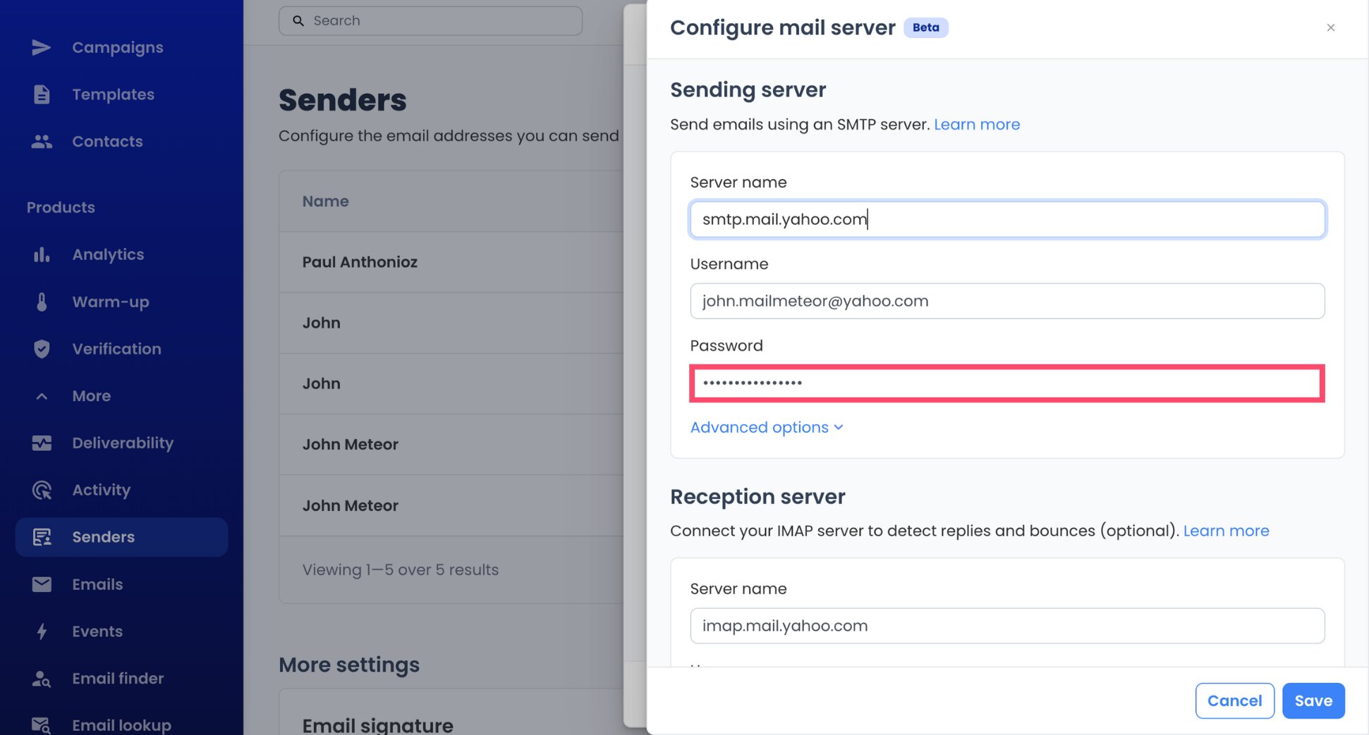 Yahoo app password pasted into the SMTP password field
