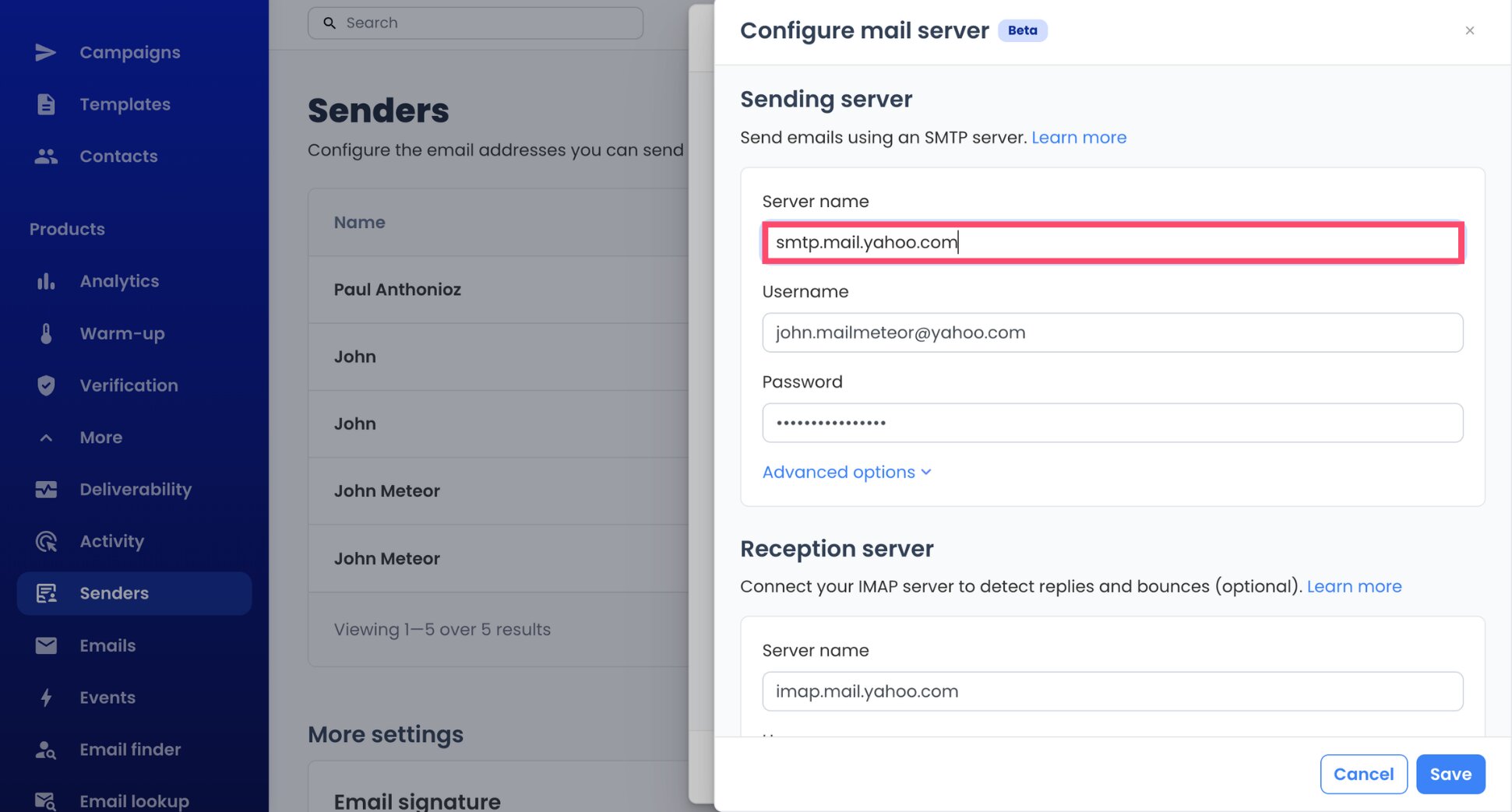 Yahoo SMTP server smtp.mail.yahoo.com entered in Mailmeteor