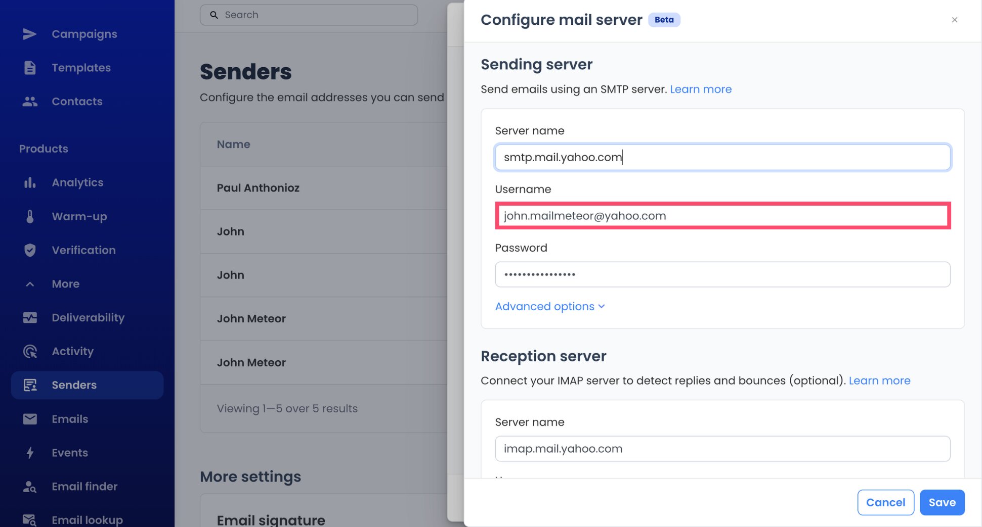 Yahoo email address used as the SMTP username