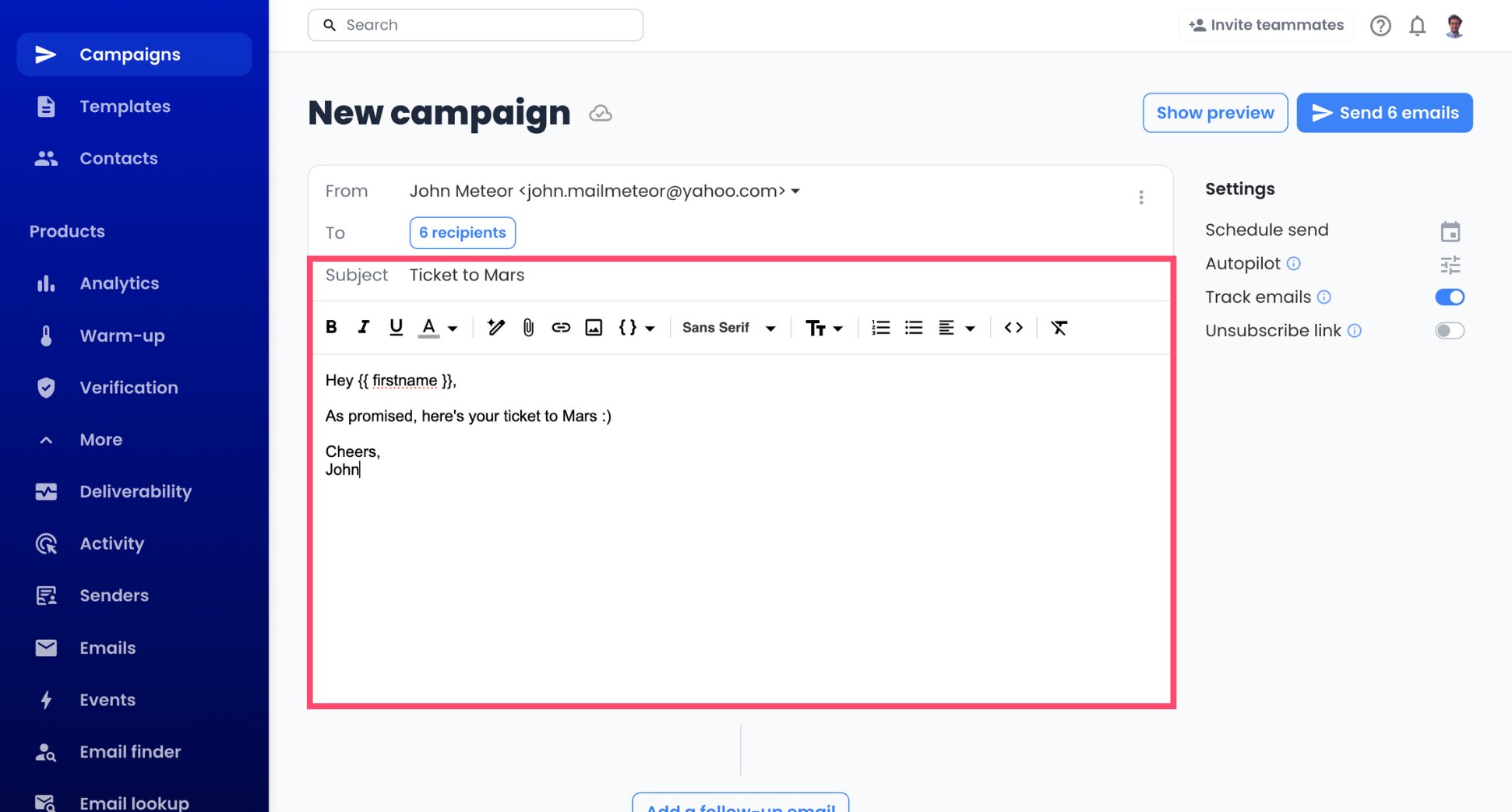 Subject line and message drafted for a Yahoo campaign