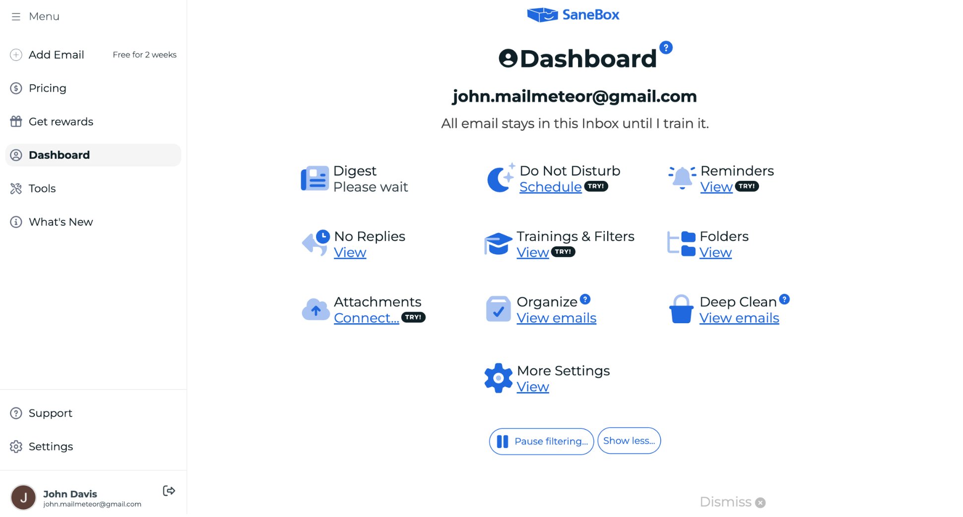 SaneBox inbox filtering interface