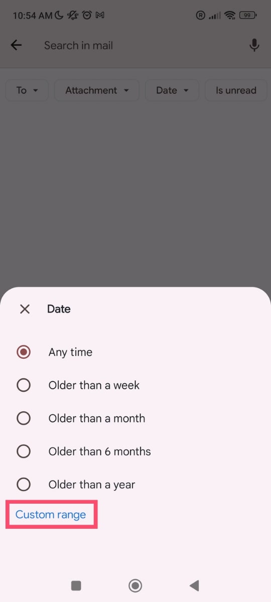 Select a custom date range in the Gmail mobile app