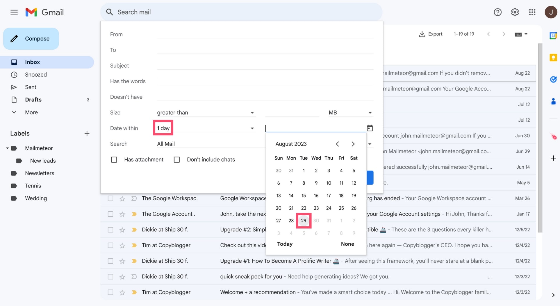 The Gmail "Date within" filter