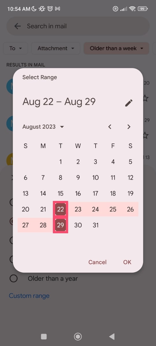 Select a start date in the Gmail app