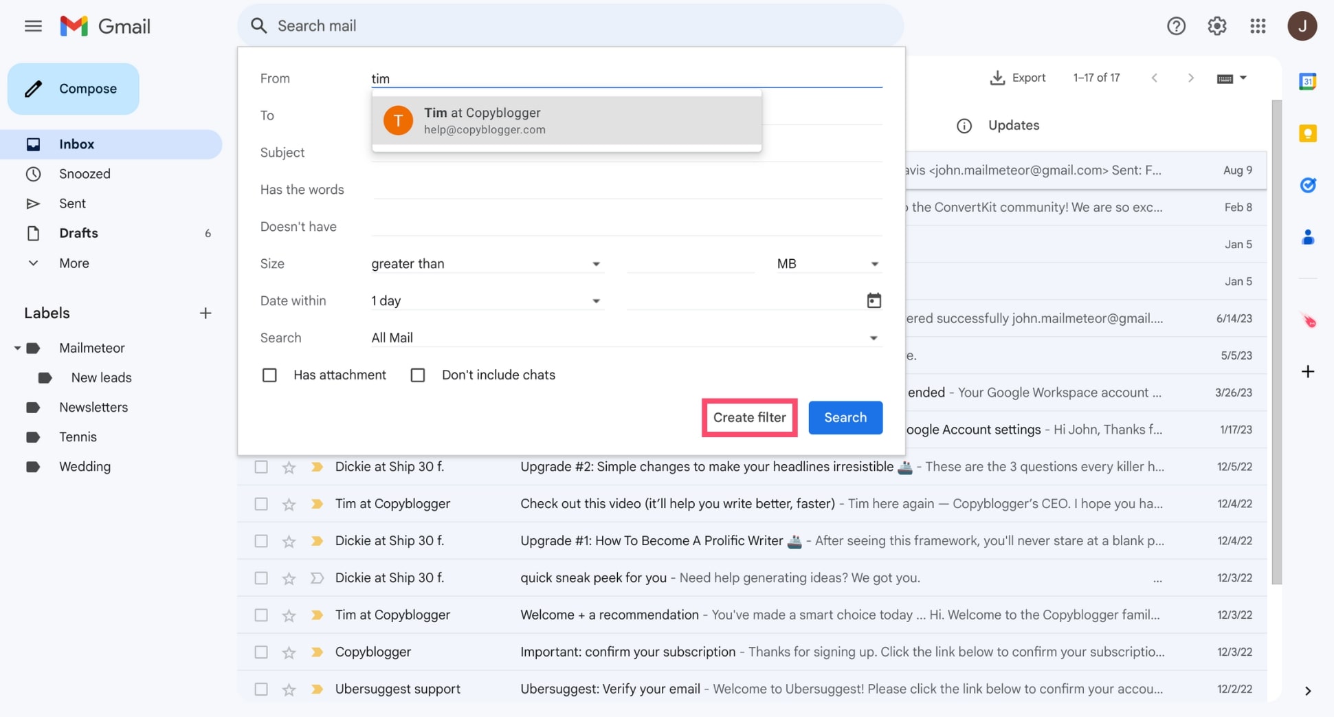 Create a Gmail filter to move all emails from a specific sender to a designated folder