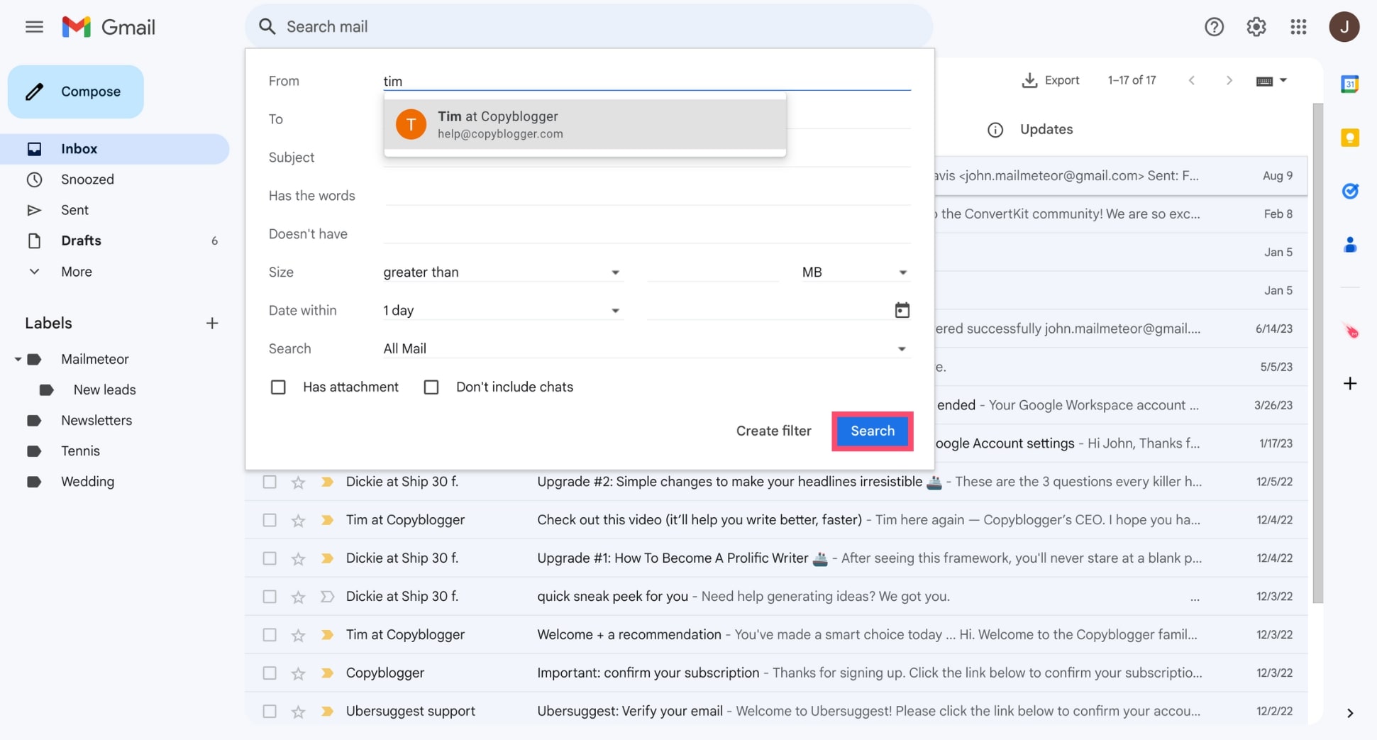 Search for emails from a specific sender in Gmail