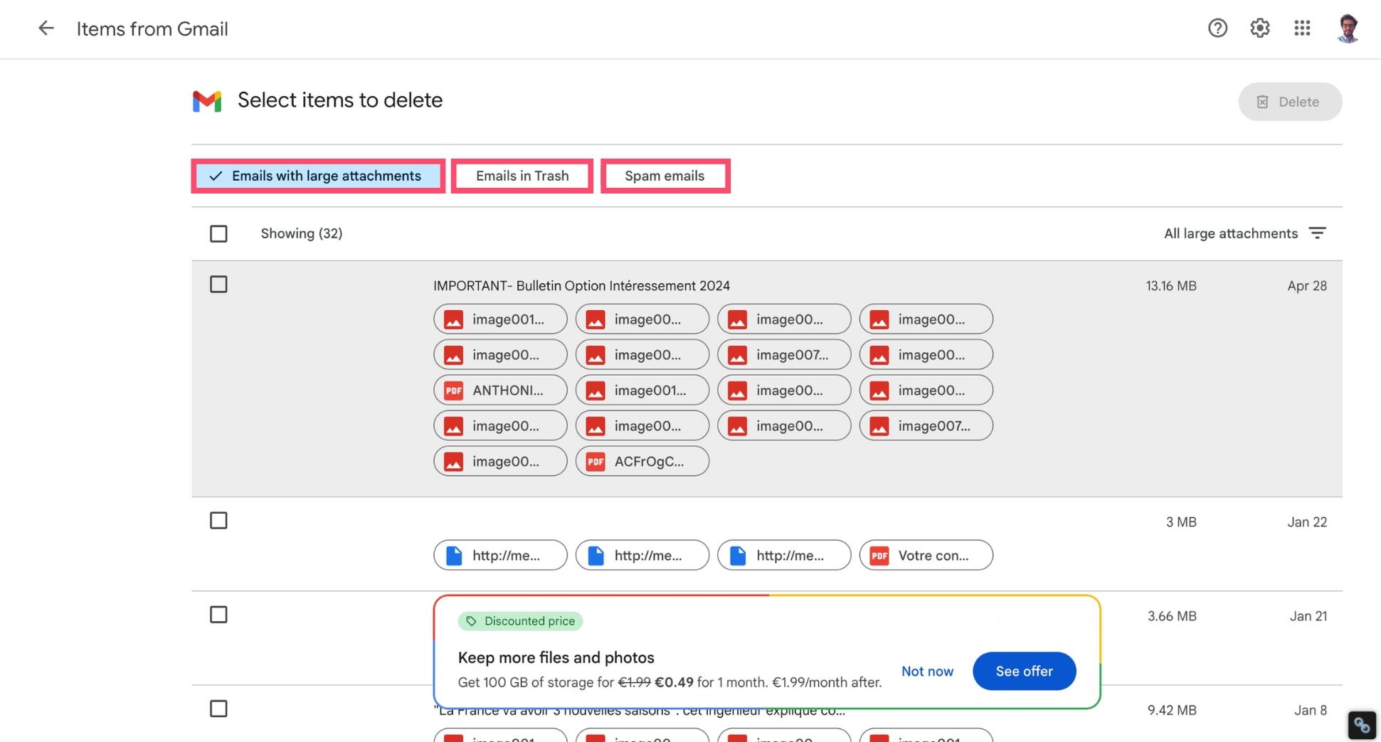 Find emails with large attachments in Gmail