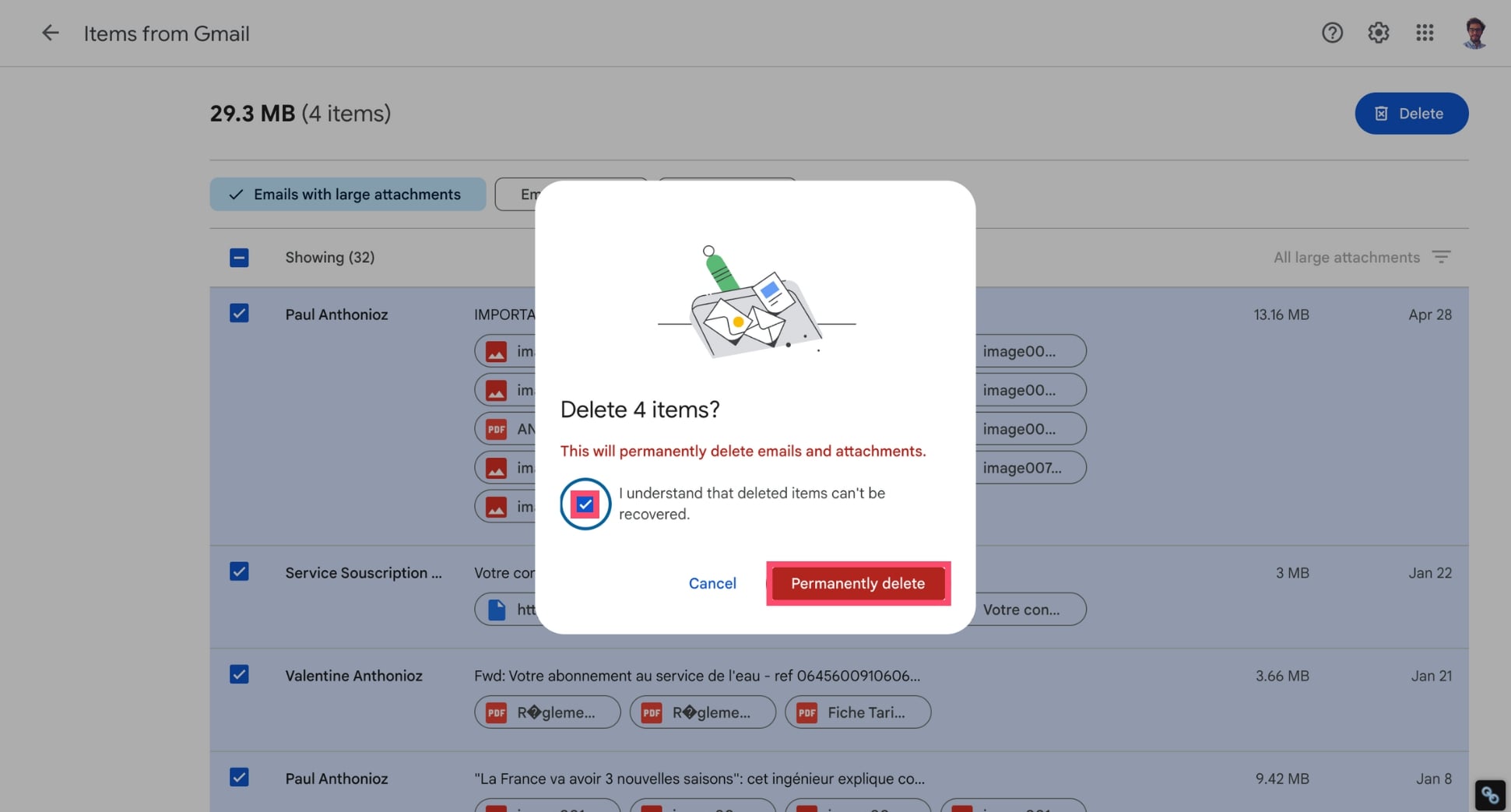 Permanently delete an email from Google storage manager