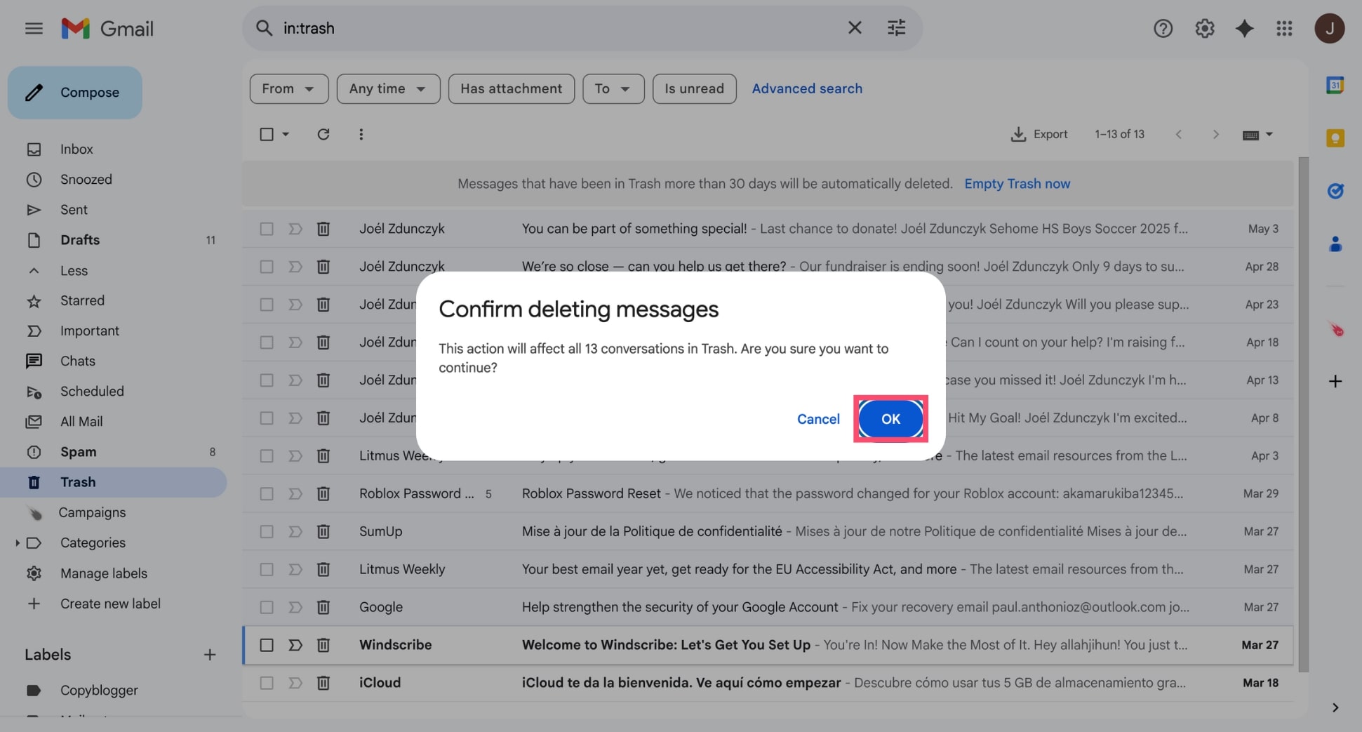 Permanently delete large emails from Gmail
