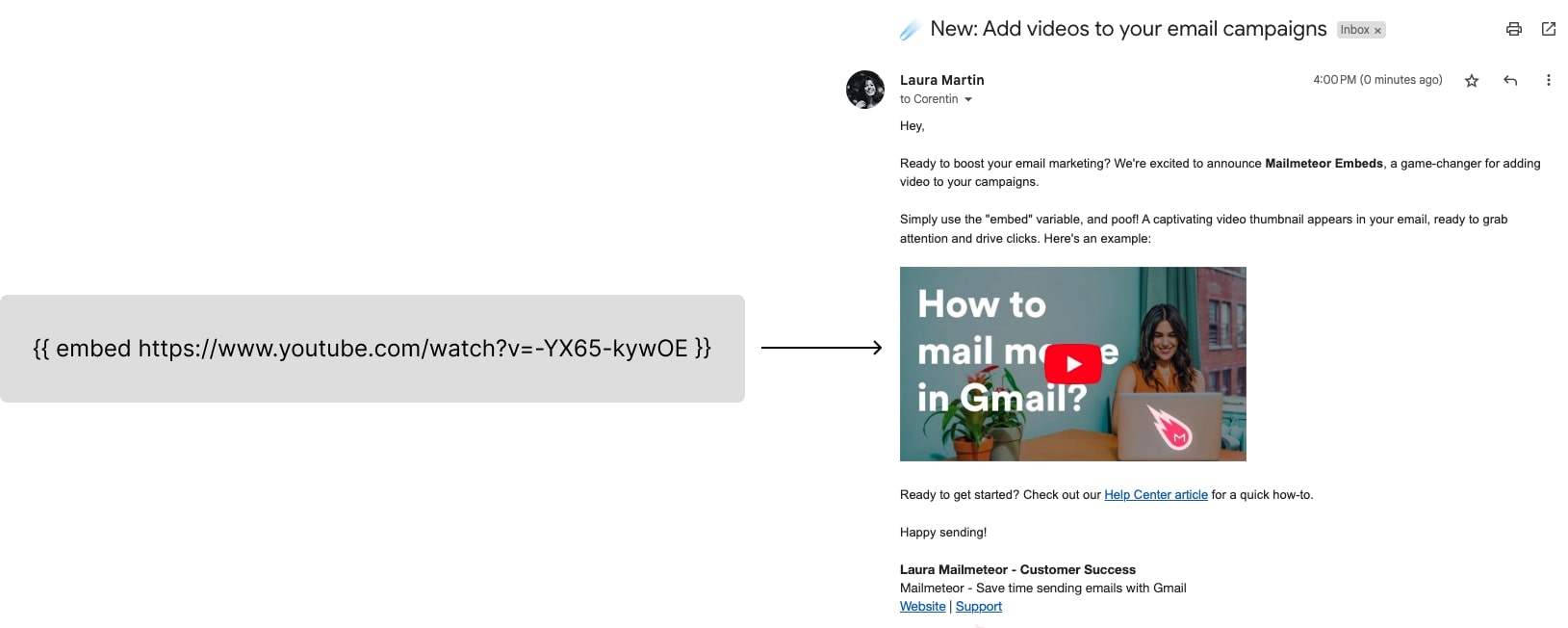Mailmeteor lets you embed videos in your bulk emails using a special merge tag