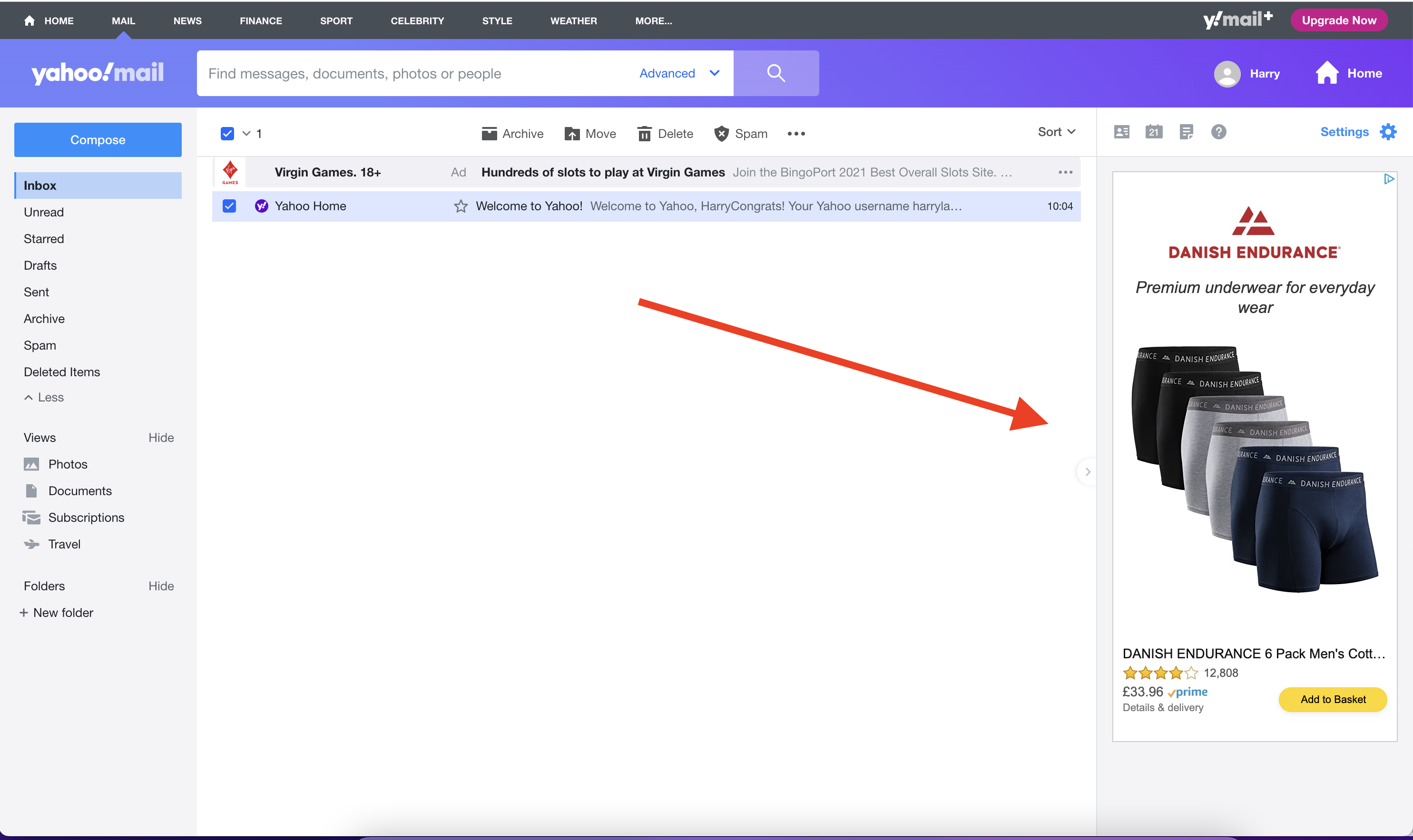 Yahoo vs Gmail: Yahoo inbox preview with ads
